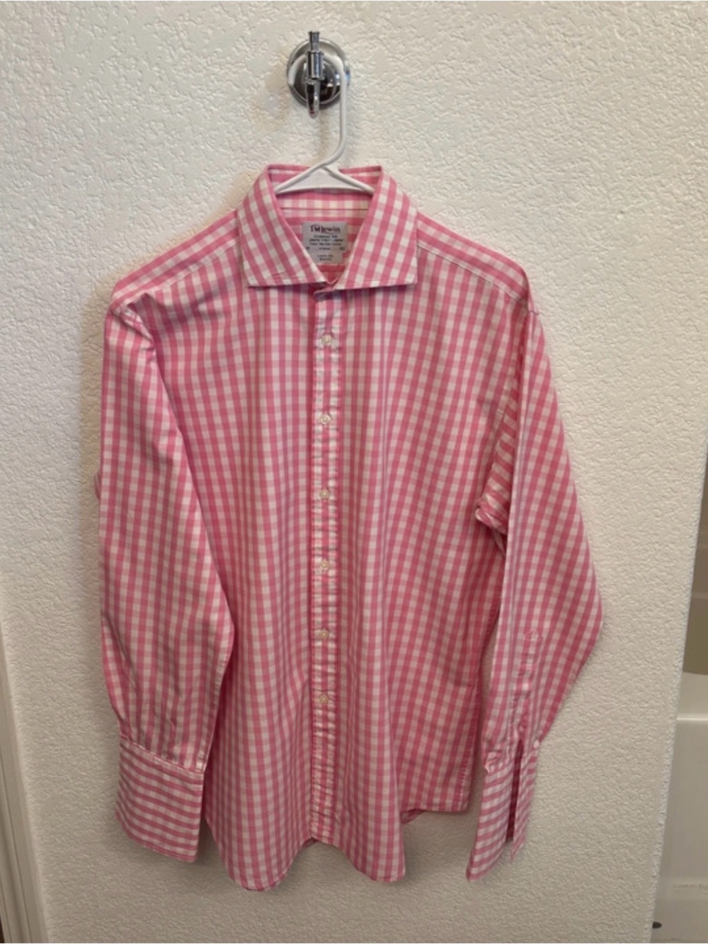 TM Lewin men’s cufflinks pink gingham plaid button down shirt neck 16